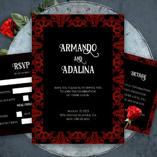 Black and Red Blommigt Gothic Mörk Elegant bröllop Inbjudningar