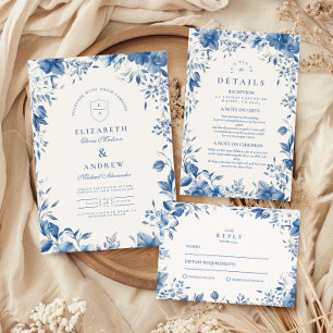 Chinoiserie Fransk Blue Victorian Blommigt Bröllop OSA Kort