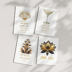 Vit Guld Svart Gatsby Stil Art Deco Bröllop Tack Kort