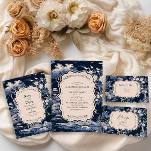 Elegant Blå Toile De Jouy Bröllop OSA Kort