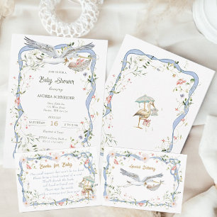 Stork Wildflower Ribbon Baby Shower Paper Napkin Pappersservett