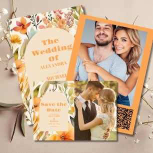 Watercolor Rosa Orange Wildblommor Bröllop Spara Datumet