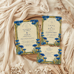 Art nouveau Blue Cornblomma Bröllop OSA Kort