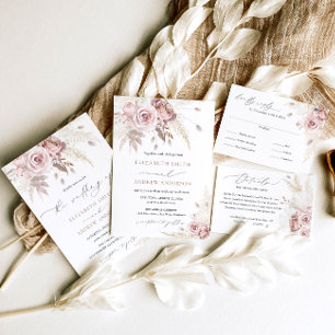 Elegant Dusty Boho och Ro Blommigt Bröllop Inbjudningar