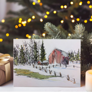 Winter Red Barn Watercolor liggande Julkort
