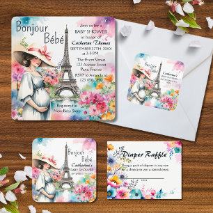 Bonjour Bebe Blommigt Eiffel Torn Paris Baby Showe Underlägg Papper Kvadrat