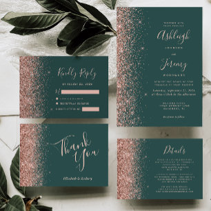 Rose Gold Glitter Mörk Grön Bröllop Tack Kort