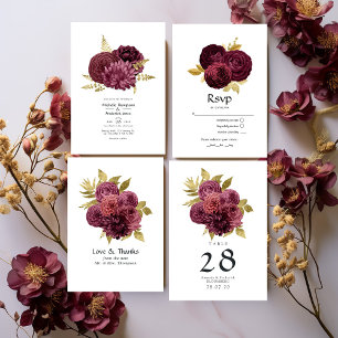 Vintage Burgundy och Guld Blommigt Bröllop Photo Tack Kort