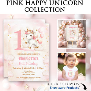 Rosa Cute Unicorn Girl 1:a födelsedagsinbjudan Inbjudningar