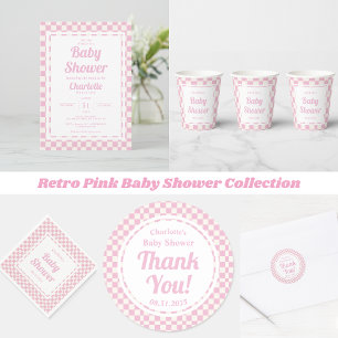 Retro Rosa Pastel Check Mönster Girl Baby Shower Inbjudningar
