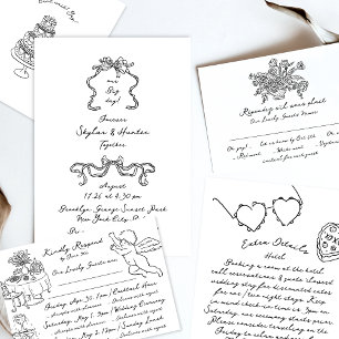 Boho Modern Hearts Doodle Hand plockade Black & Wh Tilläggskort