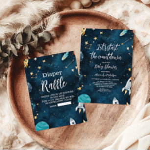 Rymd Utomjording Baby Shower Blå Blöja Lotteri Tilläggskort
