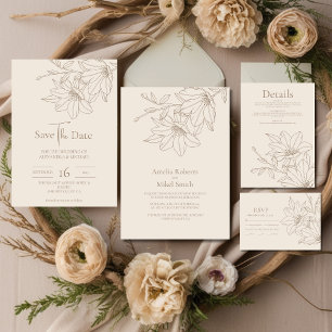 Elegant Modern Beige Lineart Blommigt Bröllop OSA Kort