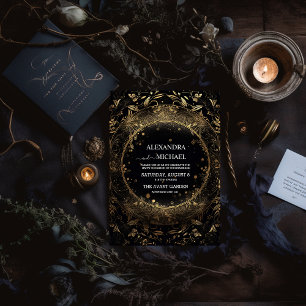 Mystical Celestial Black och Guld Bröllop Inbjudningar