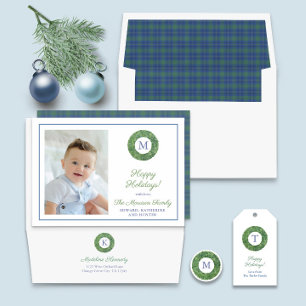 Chic Boxwood WAN Monogram Tartan Family Photo H Julkort