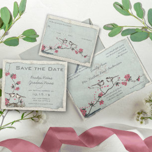 Vintage Cherry Blommar Chickadee Damask Wedding Inbjudningar