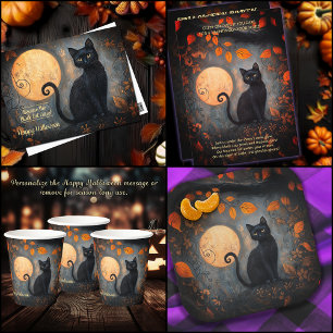 Halloween Black Cat Full Moon Ornate Vykort