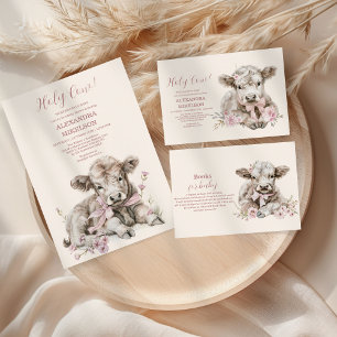 Rosa Girl Blommigt Highland Cow Baby Shower Inbjudningar