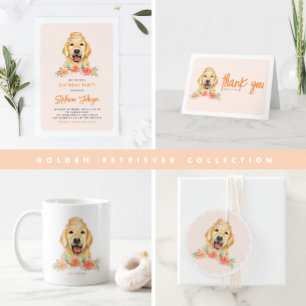 Cute Golden Retriever och Peach Flowers Birthday Runt Klistermärke
