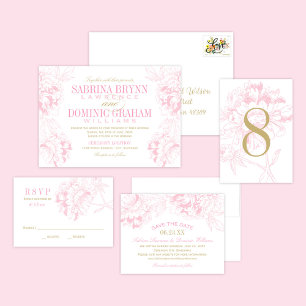 Bröllopssvar Pink Peony och Guld OSA Kort