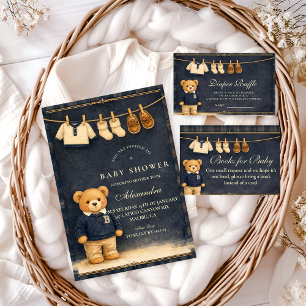 Snygg Rutig Teddybjörn Baby Shower Inbjudningar
