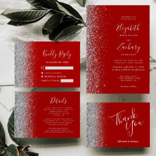 Silver Glitter Kant Crimson Red Bröllop Tack Kort