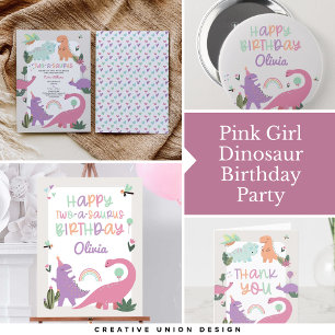 Rosa Girl Dinosaur Grattis på födelsedagen Button Knapp