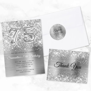 Silver Glitter Silvery Grått Foil 75:e födelsedag Vinflaska Etikett