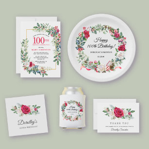 Red Vit ros Blommigt Holly 100 Birthday Inbjudningar