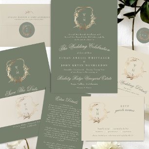 Klassisk Cream & Sage Monogram Guld Vapensköld Brö Inbjudningar