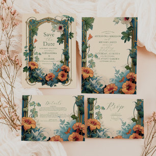 Blommigten Olive & Orange Bröllop Vintage Art nouv OSA Kort