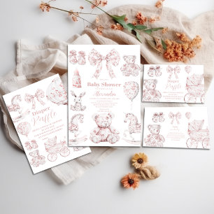 Rosa Toile De Jouy Leksaker Bebis Shower Inbjudningar