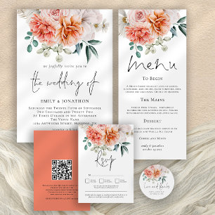 Peach Coral Peonies Blommigt 3 Foto QR Code Bröllo Inbjudningar