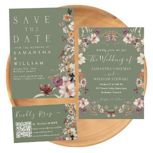 Boho Wildflower Rustic Sage Green Save The Date Inbjudningar