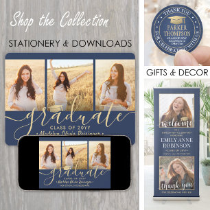 4 Photo Collage Script Navy Guld Studentfest Inbjudningar