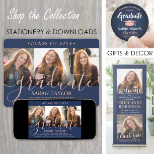4 Photo Studentfest Navy Blue & Rosa Script Inbjudningar