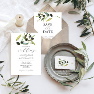 Botaniska vattenfärgen Olive Gren Bröllop Inbjudningar