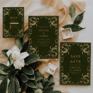 Vintage Ram Oliv grönt Guld Bröllop Inbjudningar