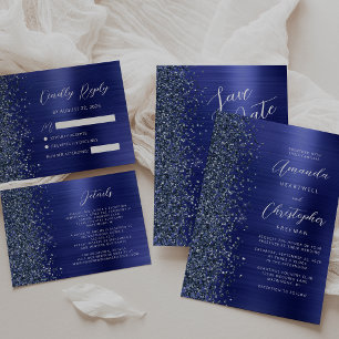 Marinblå Borstat Metall Glitter Script Bröllop Inbjudningar