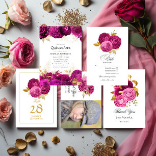 Hett-Rosa och Guld Blommigt Quinceañera Bordsnummer