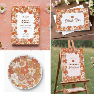 Groovy Retro Hippie Blommigt Rosa Orange Baby Show Inbjudningar