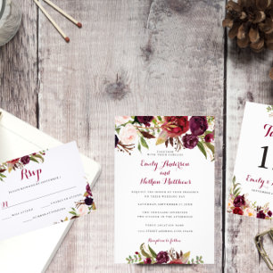 Burgundy Red Blommigt Fall Wedding bjudande Inbjudningar