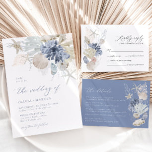 Boho Beach Elegant Romantic Blue Bröllop OSA Card Kort