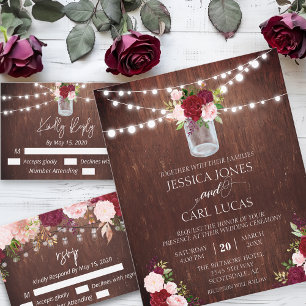 Burgundy Murad Glas Trä Budget Ljus Blomma RSVP Anteckningskort