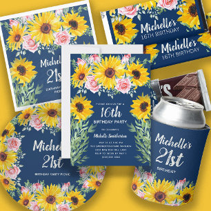 Rosa ros Solblommor Blå 21:a födelsedagen Inbjudningar