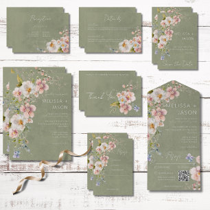 Pastel Blommigt Modern Grönt Bröllop Tack Kort