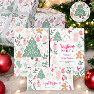 Cute Whimsical Rosa jul party illustrationer Inbjudningar