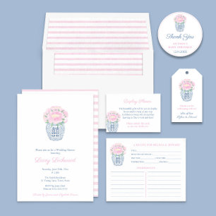 Farmieniskt Rosa Peony Blue & White Recipe-kort Inbjudningar