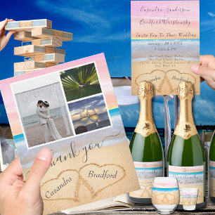 Chic Dusty Blue Hearts Sand Beach Wedding OSA Vykort