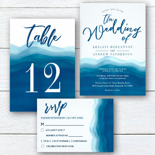 Budget Blue Watercolor Wave Wedding bjudande